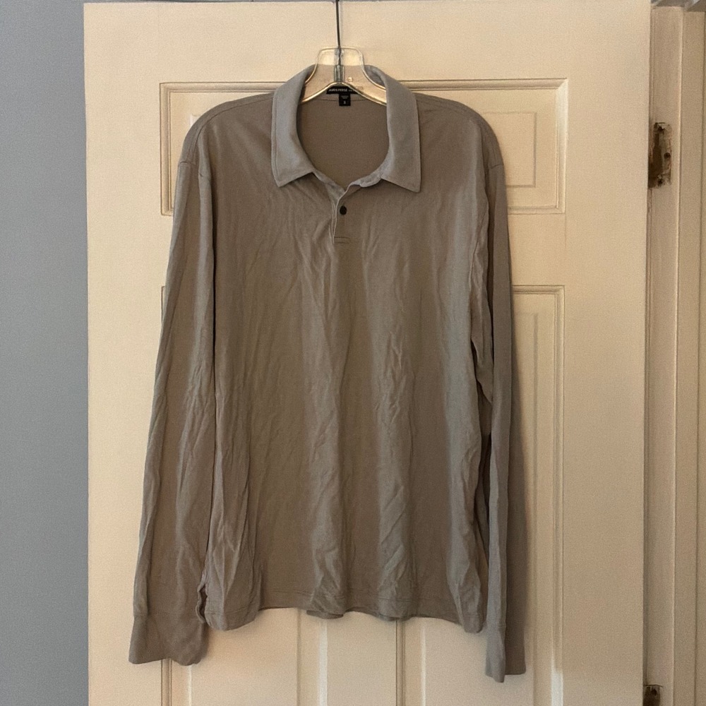 James Perse Mens Long Sleeve Polo Shirt Khaki Japanese Cotton Jersey 3 L Capsule